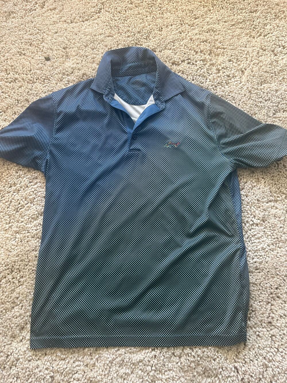 Blue micro dot short sleeve polo shirt with embroidered multicolor logo